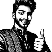 negro y blanco silueta de un indio chico en un positivo contento actitud y participación pulgares arriba vector