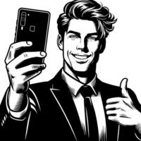 Black and white Silhouette of a indian guy with a smartphone and thumbs up vector