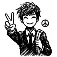 Black and white Silhouette of a student guy showing the peace sign scribble vector