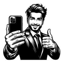 Black and white Silhouette of a indian guy with a smartphone and thumbs up vector