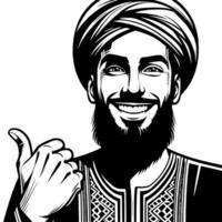Black and white Silhouette of a muslim guy smiling and holding thumbs up vector