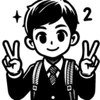 Black and white Silhouette of a student guy showing the peace sign scribble vector