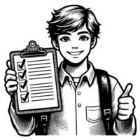 Black and white Silhouette of a student guy showing the peace sign scribble vector