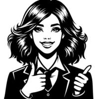 Black and white Silhouette of a female business woman manager holding thumbs up in a business outfit vector