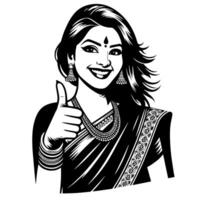 Black and white Silhouette of a group of a female indian woman holding thumbs up in a casual outfit Sari vector