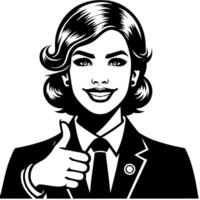 Black and white Silhouette of a female business woman manager holding thumbs up in a business outfit vector