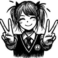 Black and white Silhouette of a student guy showing the peace sign scribble vector