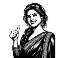 Black and white Silhouette of a group of a female indian woman holding thumbs up in a casual outfit Sari vector