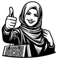 Black and white Silhouette of a group of a female muslim woman holding thumbs up in a casual outfit vector