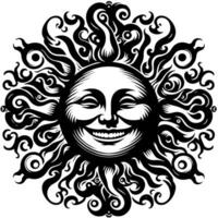 Black and white Silhouette of a sun symbol with a smiling happy Face vector