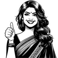 Black and white Silhouette of a group of a female indian woman holding thumbs up in a casual outfit Sari vector