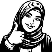 Black and white Silhouette of a group of a female muslim woman holding thumbs up in a casual outfit vector