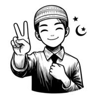 negro y blanco silueta de un musulmán chico demostración el paz firmar Escribiendo vector