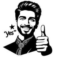 Black and white Silhouette of a indian guy in a positive happy pose and holding thumbs up vector