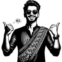 Black and white Silhouette of a indian guy in a positive happy pose vector