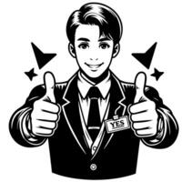 Black and white Silhouette of a shop manager holding thumbs up and smiling Face vector