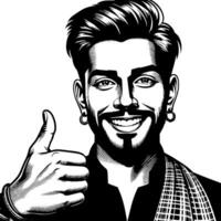 Black and white Silhouette of a indian guy in a positive happy pose and holding thumbs up vector