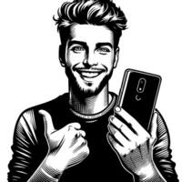 Black and white Silhouette of a indian guy with a smartphone and thumbs up vector