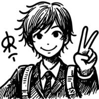 Black and white Silhouette of a student guy showing the peace sign scribble vector