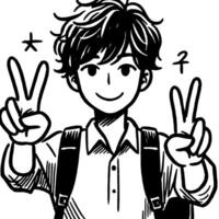 Black and white Silhouette of a student guy showing the peace sign scribble vector