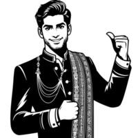Black and white Silhouette of a indian guy in a positive happy pose vector