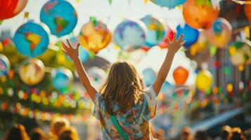 A girl joyfully raises her hands in the air, expressing excitement and celebration. photo