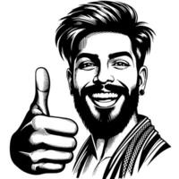 Black and white Silhouette of a indian guy in a positive happy pose and holding thumbs up vector