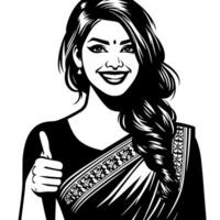 Black and white Silhouette of a group of a female indian woman holding thumbs up in a casual outfit Sari vector