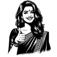 Black and white Silhouette of a group of a female indian woman holding thumbs up in a casual outfit Sari vector