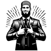 Black and white Silhouette of a muslim guy smiling and holding thumbs up vector