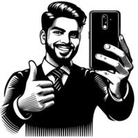 Black and white Silhouette of a indian guy with a smartphone and thumbs up vector