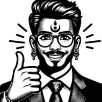 Black and white Silhouette of a indian guy in a positive happy pose and holding thumbs up vector