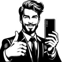 Black and white Silhouette of a indian guy with a smartphone and thumbs up vector