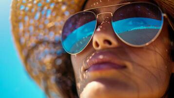 A woman wearing sunglasses and a straw hat. photo