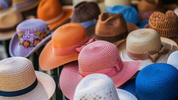 A collection of vibrant hats of various colors arranged neatly in a row on a wooden table. photo