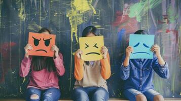 A group of children standing together, each holding a piece of colored paper with a sad face drawn on it. photo