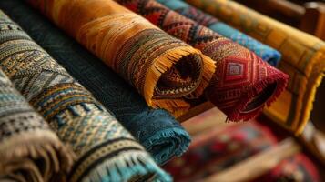 A row of bright and varied rugs neatly displayed on a wooden rack, showcasing different patterns and colors. photo