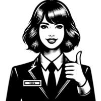 Black and white Silhouette of a female business woman manager holding thumbs up in a business outfit vector