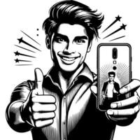 Black and white Silhouette of a indian guy with a smartphone and thumbs up vector