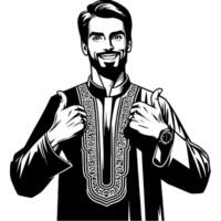 Black and white Silhouette of a muslim guy smiling and holding thumbs up vector