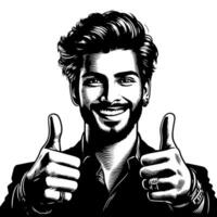 Black and white Silhouette of a indian guy in a positive happy pose and holding thumbs up vector