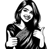 Black and white Silhouette of a group of a female indian woman holding thumbs up in a casual outfit Sari vector