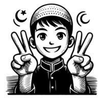 Black and white Silhouette of a muslim guy showing the peace sign scribble vector