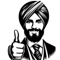 Black and white Silhouette of a indian guy in a positive happy pose and holding thumbs up vector