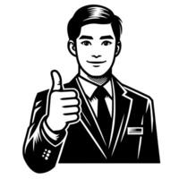 Black and white Silhouette of a shop manager holding thumbs up and smiling Face vector