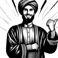 Black and white Silhouette of a muslim guy smiling and holding thumbs up vector