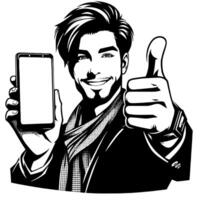 Black and white Silhouette of a indian guy with a smartphone and thumbs up vector