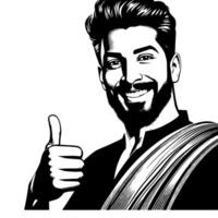 Black and white Silhouette of a indian guy in a positive happy pose and holding thumbs up vector