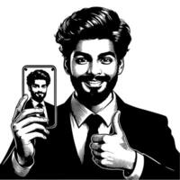 Black and white Silhouette of a indian guy with a smartphone and thumbs up vector