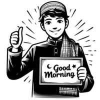 Black and white Silhouette of a muslim guy saying hello and good morning vector